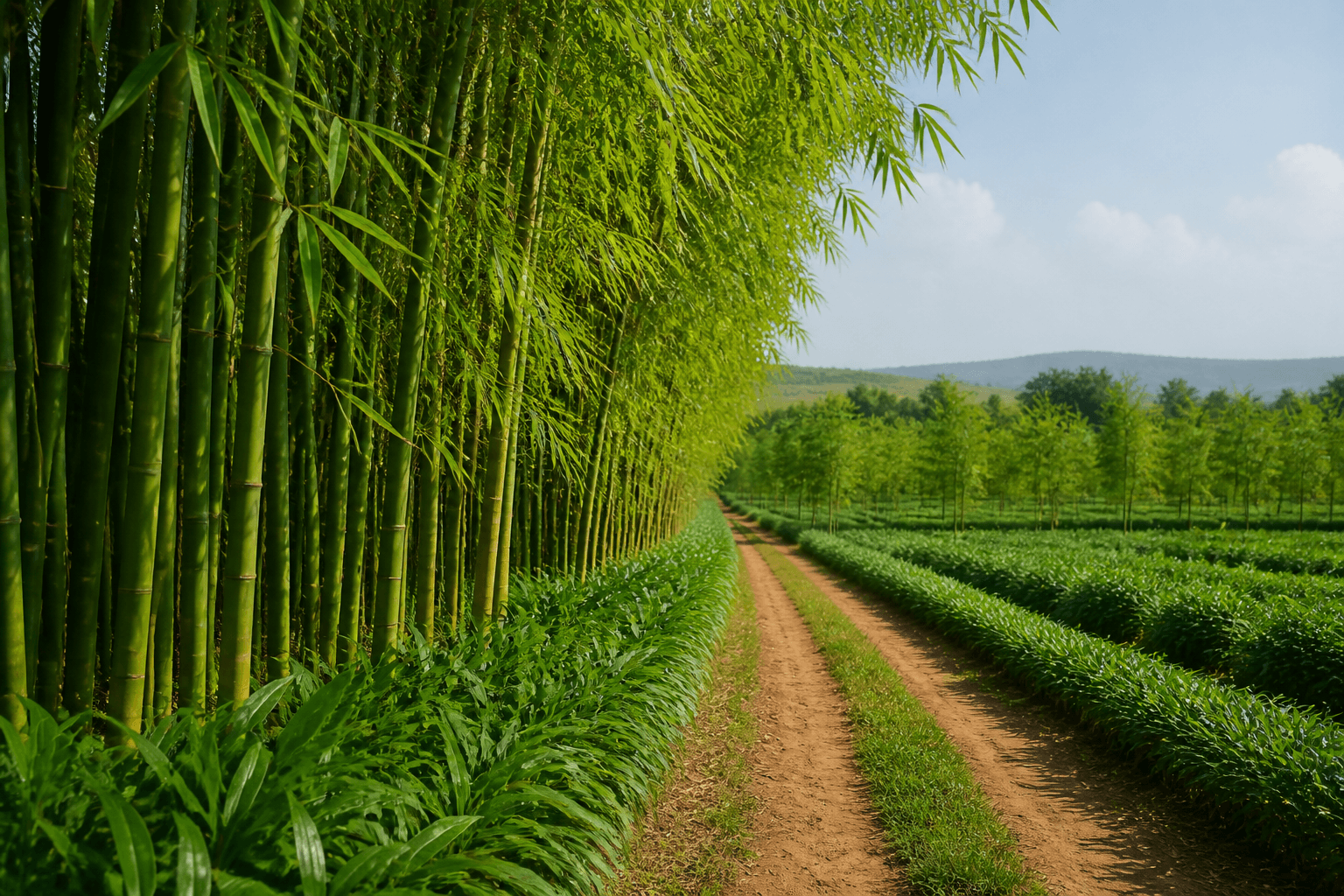 Green bamboo farmland beside a rural access path