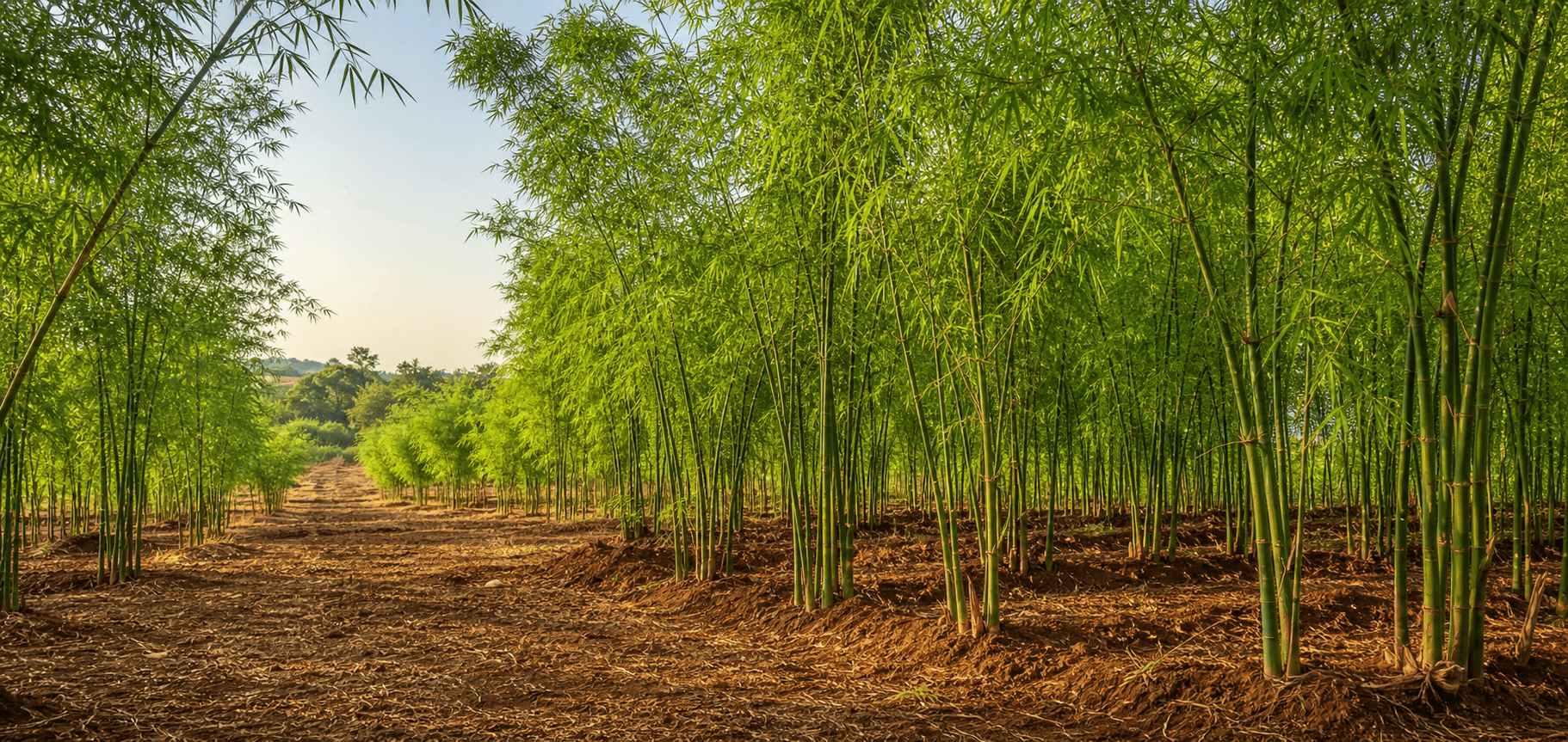Cultivated bamboo rows growing across warm Telangana farmland